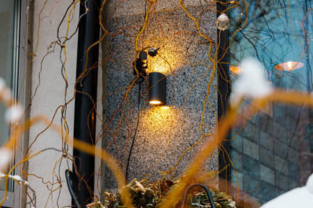 outside wall background decorative building plants and hanging lamp yellow illuminationの写真素材