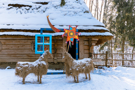 Christmas still life decoration festive holidays in Ukrainian village rustic winter seasonal environment space holidays timeの写真素材