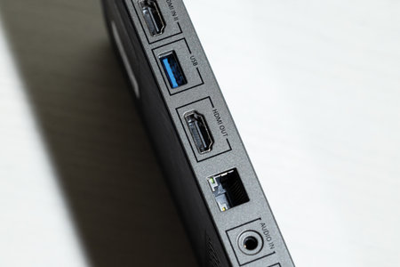 black box technological device with connection port for HDMI on white background copy spaceの写真素材