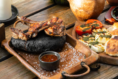 fried meat and grilled vegetables tasty meal restaurant food concept close up view on table colorful aesthetic cuisineの写真素材