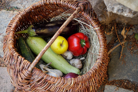 vegetables basket harvest season rural still life concept close up from above backgroundの写真素材