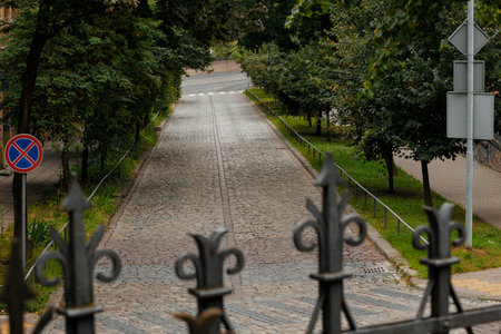historical empty street cobble stone track for cars and road sign along way park outdoor district woods and forged fence foreground space moody weather conditionsの写真素材