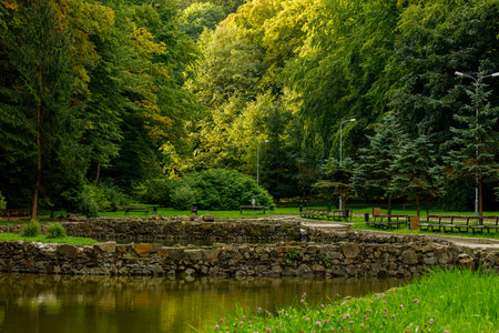 spring morning majestic landscape park evergreen pine trees with old stones decorative borders around pond waters sun rise light peaceful conditionの写真素材