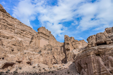 ancient civilization archeological remains Middle East region extreme terrain zone carved in mountain rocks stoneの写真素材