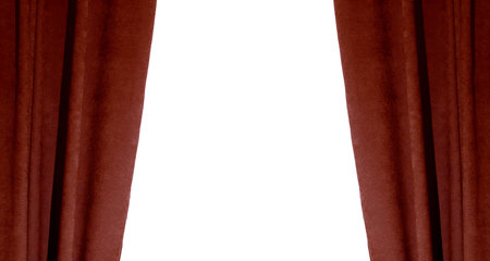 Elegant, heavy maroon velvet drapes are pulled back to create a clean, empty space perfect for overlaying text or graphicsの写真素材