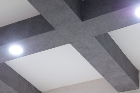 A contemporary ceiling featuring a geometric pattern of dark gray beams crossing over white panels,...