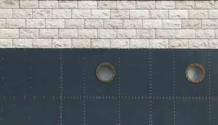 A close-up view showcases the juxtaposition of rough stone masonry above smooth, dark metal sheeting...