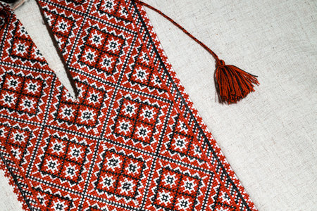 Close-up view of intricate Ukrainian vyshyvanka embroidery featuring a repeating diamond motif and a...