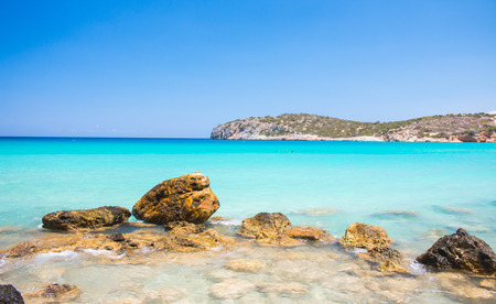 Powerful Waves on a rocky beach Voulisma, Agios Nikolaos, Istros. Greece Crete. Beautiful blue beach Travel, Tourism and Vacations Concept.のeditorial素材