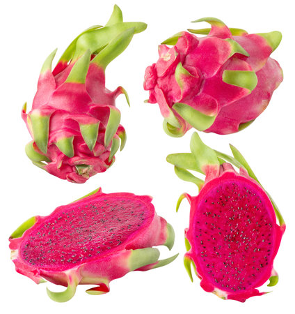 Isolated dragonfruit. Collection of whole and cut red pitahaya fruits isolated on white background with clipping pathの写真素材