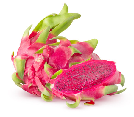 Isolated dragonfruit. Two whole and half of red pitahaya fruits isolated on white background, with clipping pathの写真素材