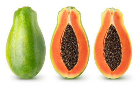 Isolated papaya in a row. Whole papaya fruit and two halves isolated on white background with clipping pathの写真素材