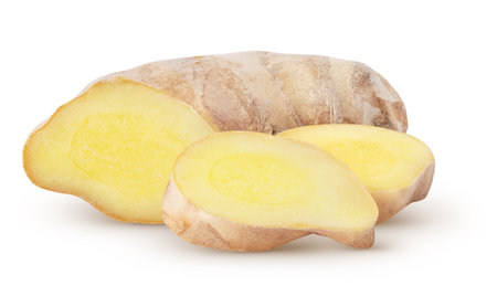 isolated ginger. Raw ginger root with slices isolated on white background, with clipping pathの写真素材
