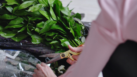 Girl florist open flowers with scissorsの写真素材