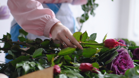 Female florist making fashion modern bouquet of different flowersの写真素材