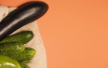 Vegetables in a cotton bag on an isolated colored background. Cucumbers, tomatoes, avocados and other vegetables in a recycle cloth bag. Top view, copyspaceの写真素材