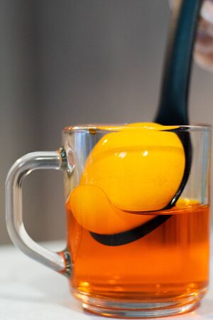 Coloring Easter eggs for the holiday. Person lowers white chicken egg into dye, close-up.の写真素材