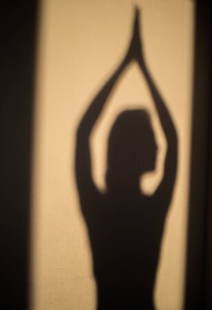 The silhouette of a slender girl engaged in yoga at sunset, in her apartment. Woman in asana, holds her hands above her head, the concept of zenの写真素材
