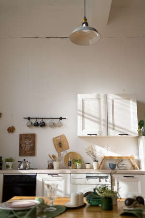 Beautiful modern kitchen. Home interior in the early morningの写真素材