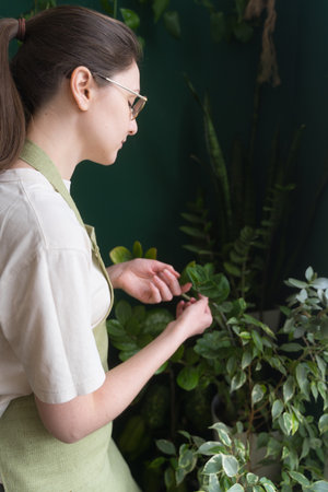 Portrait of a female florist entrepreneur in an apron. The concept of flowers, young businesswomen. Kind of employment. Shopkeeperの写真素材