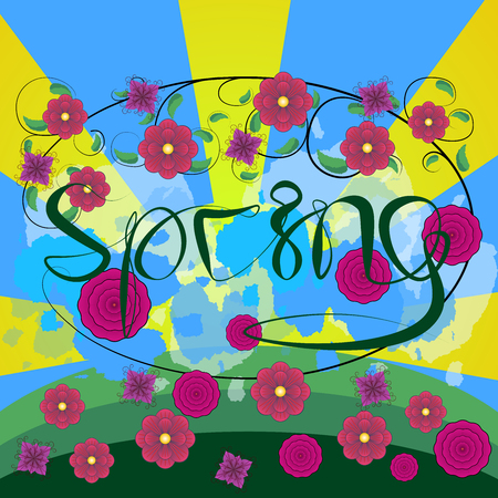 Spring Sale Background With A Green Grass and flowersの写真素材