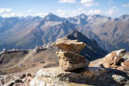 Balancing stones on the top of a mountainの写真素材