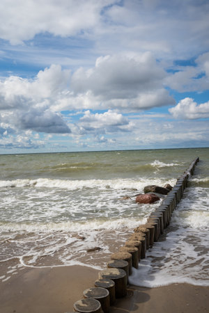 Baltic sea shore under blue sky with white clouds and wooden breakwatersの写真素材
