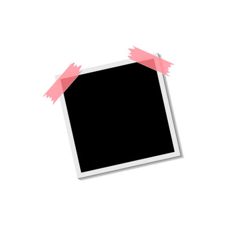 Photo frame with adhesive tape on white background with shadow effect. Template, blank.