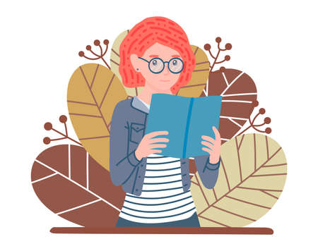 Reading woman. Student studying and preparing for examination. Redhead girl in glasses with book. Literature fan. Autumn leaves on background. Poster concept vector illustration in cartoon flat style.のイラスト素材