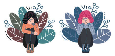 A woman has depression, shame emotion. Sad girl. Confused teen in stressful situation. Psychological problem, trouble. Stress, panic attack, mental disorder, guilt. Flat cartoon vector illustration.のイラスト素材