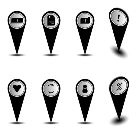 Vector image of geolocation points - finance, payment, documents, clearance, folders, heart, important places, update, help or service, discounts interest and attentionのイラスト素材