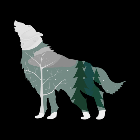 Winter forest in the outline of a wolf.