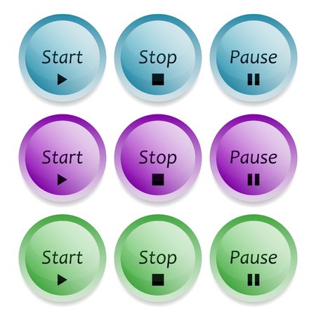 Vector image of three-dimensional start, stop and pause buttons in multi-colored colorsのイラスト素材