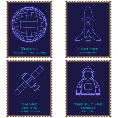 Postage stamps depicting a planet, an astronaut, a spaceship and a satelliteのイラスト素材