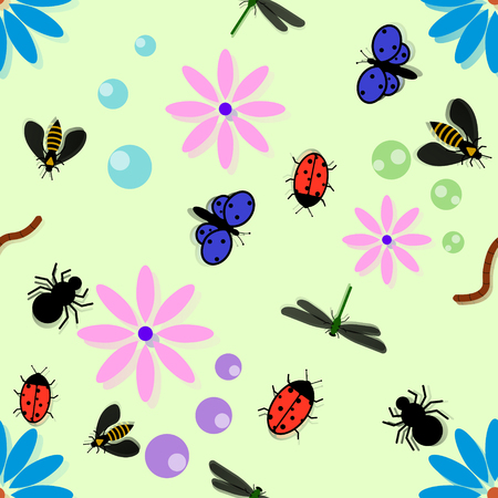 Insects and flowers seamless pattern illustration.のイラスト素材
