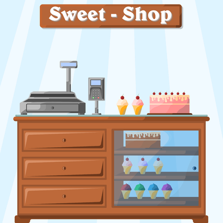 Vector illustration of a counter with sweets from the seller, with a cash register, a cashless payment terminal and scanner.のイラスト素材