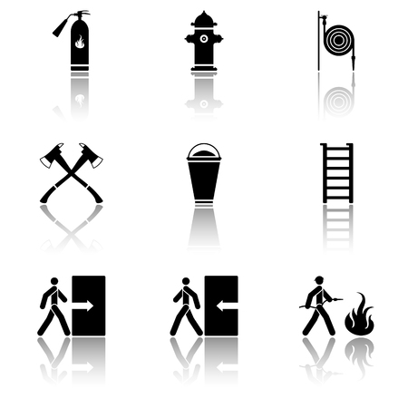 Fire extinguisher, fire hydrant, fire hose, ax, sand, ladder black icon illustrations with shadow.のイラスト素材