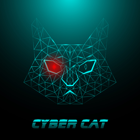 Polygonal muzzle of a cyber cat with a luminous red eye. Highlighted lines with highlights with outgoing light from the top of the illustration. Vector.のイラスト素材