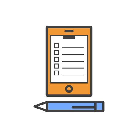A colored phone icon with a blank on the screen and a pen near the phone. Vector, white background.のイラスト素材