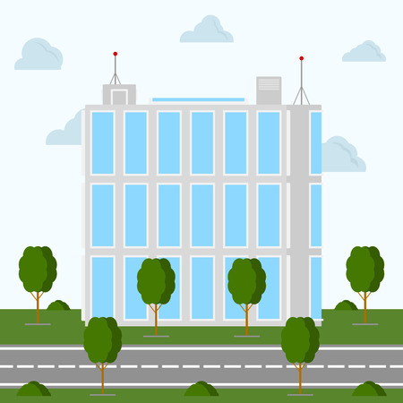A glazed office building with a landscape around it. Vector illustration on a sky blue background.のイラスト素材