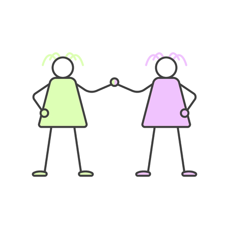 Two women hold hands. Cartoon illustration of female friendship. Vector on white backgroundのイラスト素材