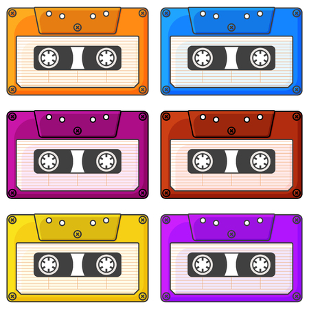 Set of multi-colored audio cassette icons. Isolated vector illustration on white backgroundのイラスト素材