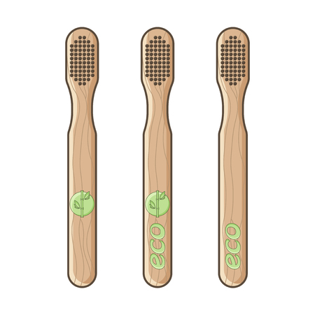 A set of three bamboo toothbrushes with different emblems on the handle. Isolated vector illustration on white backgroundのイラスト素材