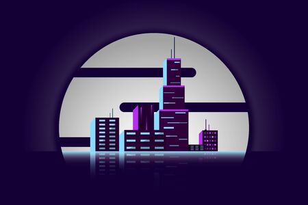 Night city on the background of the moon. Vector illustration of a city panorama. Illustration style is cyberpunk and retro waveのイラスト素材
