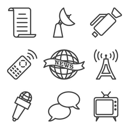 Set of tv icons. It contains images related to watching TV shows, as well as their production. Isolated vector on a white backgroundのイラスト素材