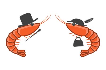Cartoon icon of two shrimps opposite each other in male and female hats. A cane and a handbag in the paws of each shrimp. Isolated vector on a white background.のイラスト素材