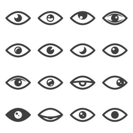 Eye icons set. Different variations of the linear image with different variations of the pupils. Isolated vector on a white background.のイラスト素材