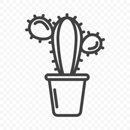 Icon of cactus in a pot. Rounded shape with growths with thorns. Minimalistic linear design. Isolated vector on a transparent PNG background.のイラスト素材