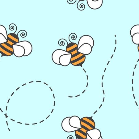 Seamless pattern with the image of cartoon bees with the trajectory of their flight. Vector illustration on a blue backgroundのイラスト素材