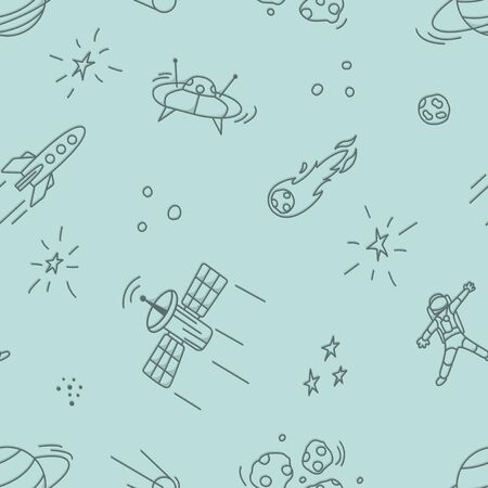 Seamless pattern with simple space icons hand-drawn. Asteroids, spaceships, UFOs and other celestial bodies. Vector illustration on a clean colorful background.のイラスト素材